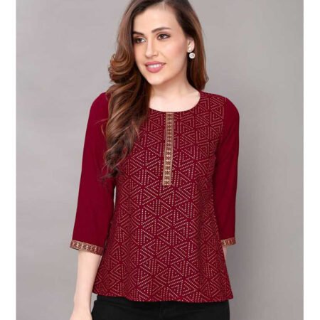 Casual 3/4 Sleeve Geometric Print, Printed Women Maroon Top